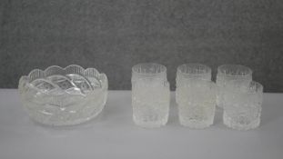 A boxed set of six Whitefriars bark texture whisky glasses along with a boxed large Waterford cut