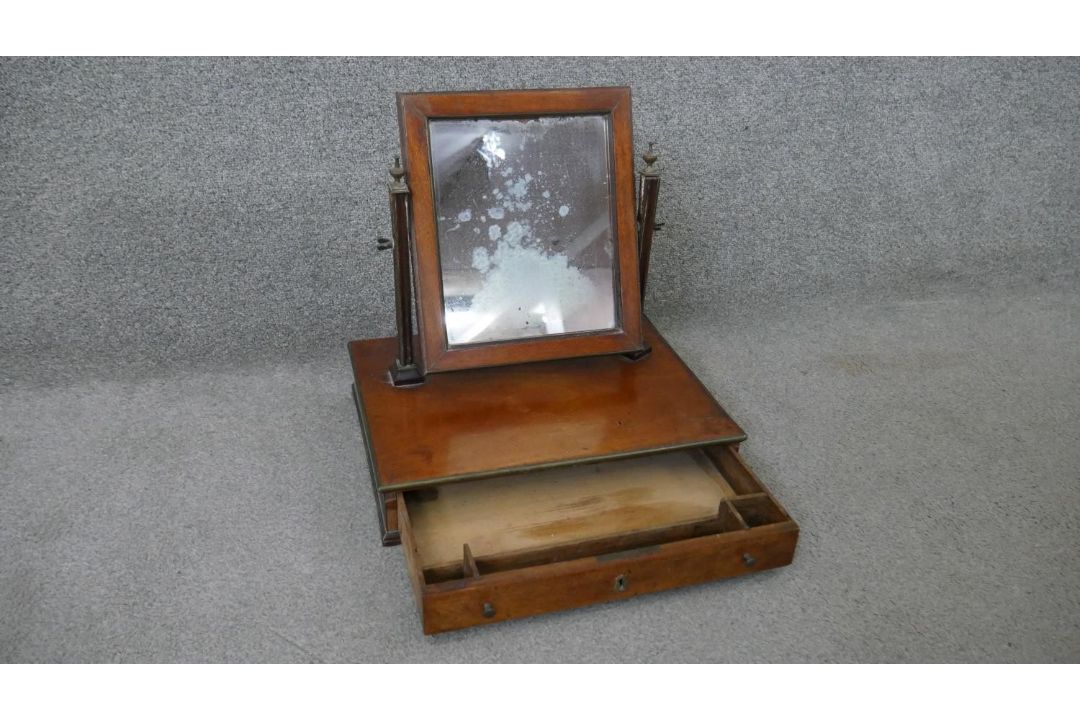 A 19th century mahogany toilet mirror with adjustable swing mirror on platform base fitted with - Image 2 of 5