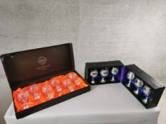 A cased set of six vintage K Bright English pewter goblets, marked to the base along with a cased