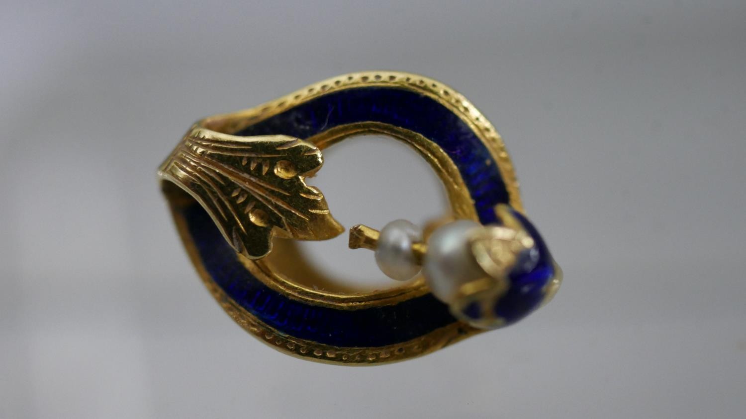 A pair of French 19th century seed pearl and blue enamel 18 carat yellow gold stud earrings. - Image 5 of 6