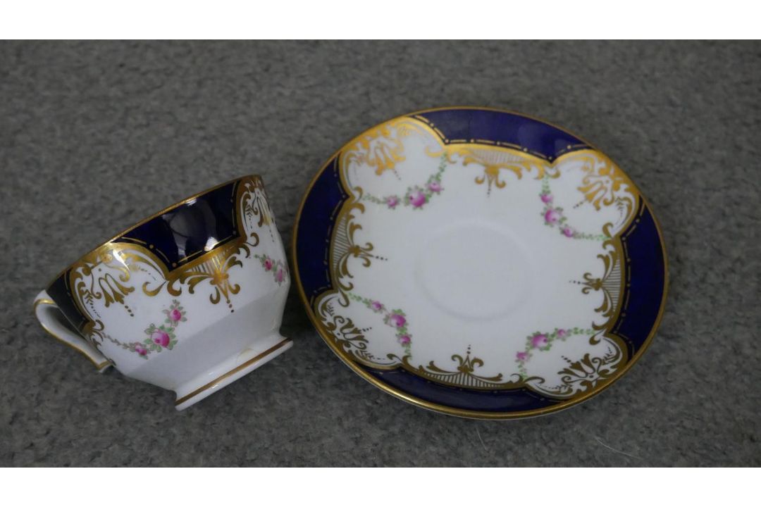A Crown Staffordshire fine china royal blue and gold twelve person hand painted part tea set. - Image 2 of 6