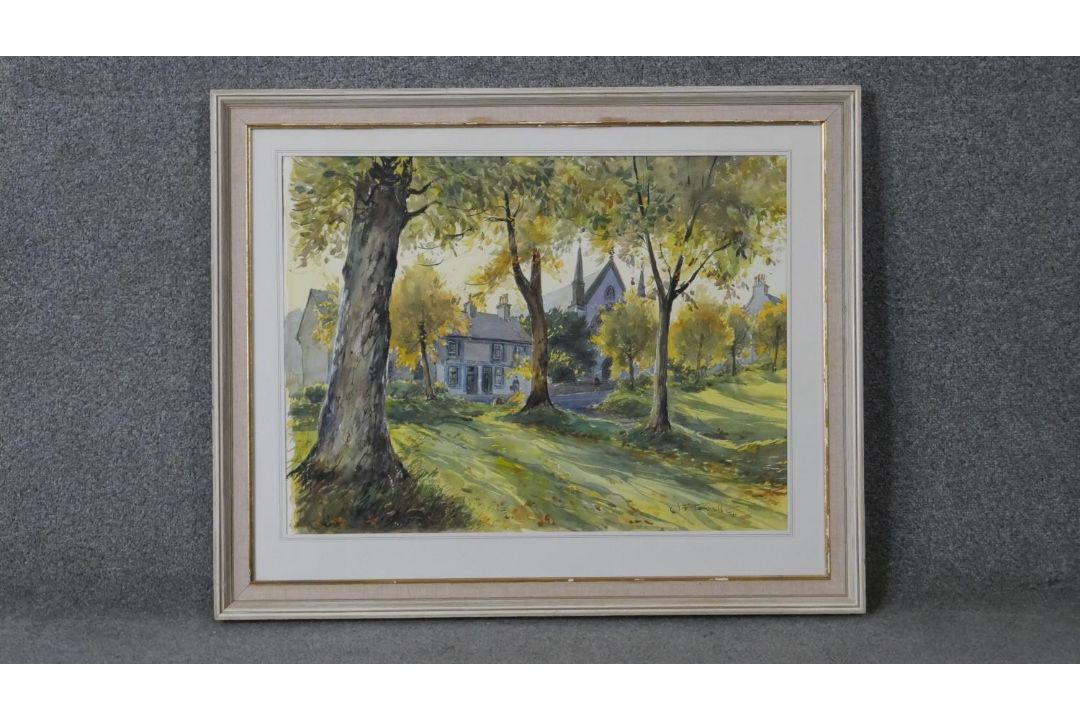 A framed and glazed watercolour of a house in a wood. Signed J.F. Turnbull. H.66 W.81cm - Image 2 of 5
