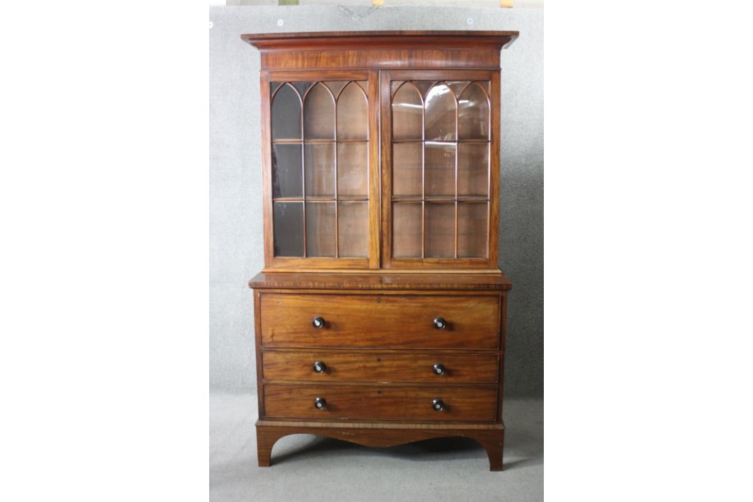 A late Georgian mahogany secretaire bookcase the upper astragal glazed section above fitted - Image 1 of 6