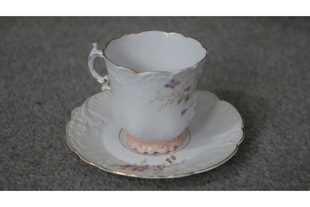A Victorian hand painted fine china ten person part coffee set. Decorated with violets and gilded - Image 5 of 14