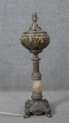 A mid century vintage gilded spelter and onyx ecclesiastical style table lamp. H.66 W.17 D.17 cm