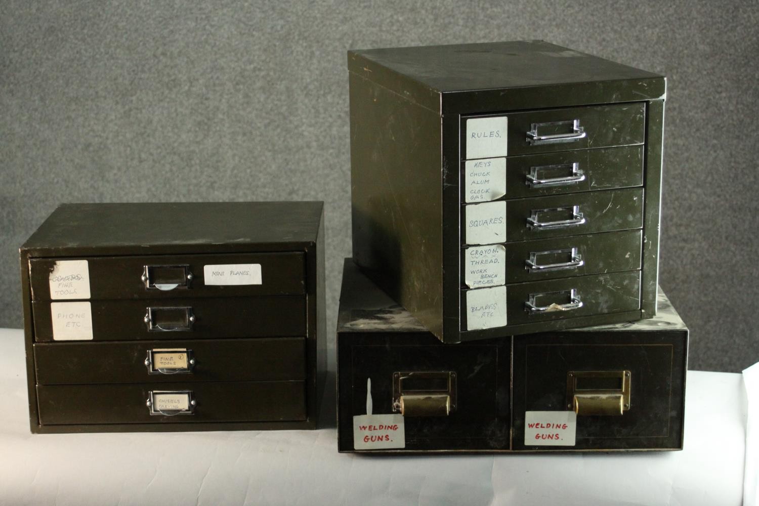 Three miscellaneous vintage metal desk top filing cabinets. H.30 W.29 D.39cm.