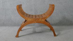 Stool, Eastern teak, Raft maker's label. H.58 W.75 D.37cm