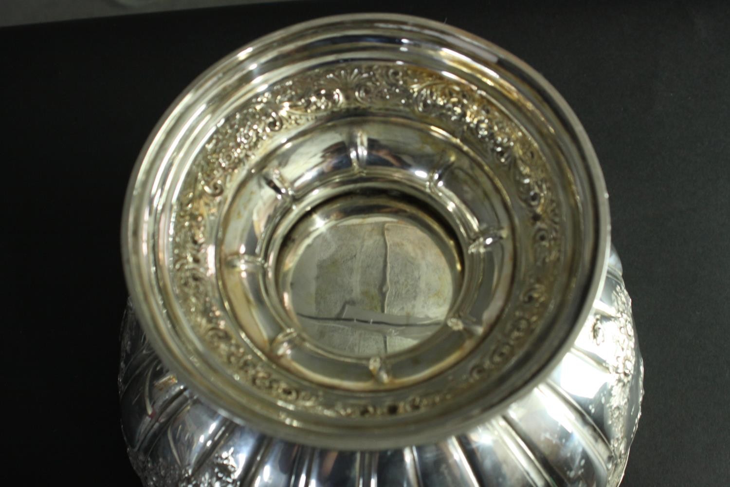 A large Victorian repousse silver pedestal punch bowl. Decorated all over with roses, floral - Image 5 of 8