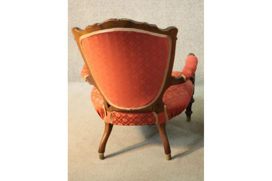 A late 19th century carved mahogany armchair in geometric floral upholstery on fluted tapering - Image 3 of 4