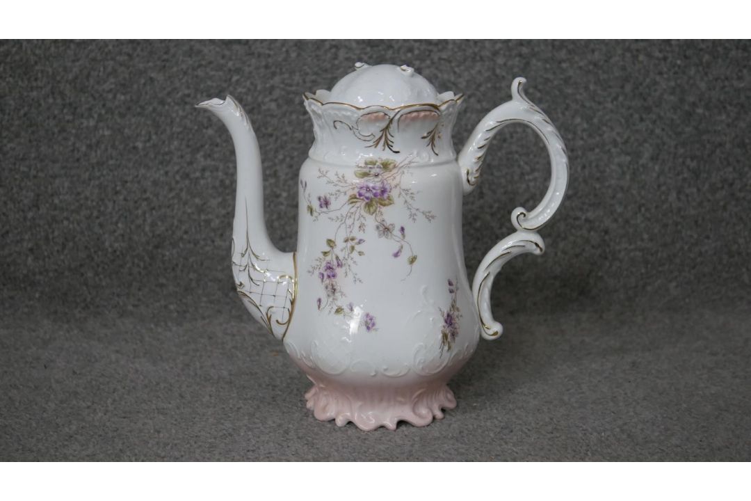 A Victorian hand painted fine china ten person part coffee set. Decorated with violets and gilded - Image 13 of 14