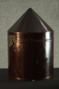 A Chinese Mandarin early 20th century lacquered conical design hat box with brass fittings. H.40