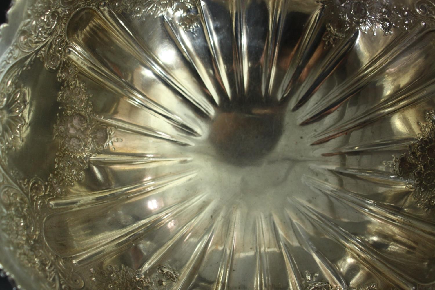 A large Victorian repousse silver pedestal punch bowl. Decorated all over with roses, floral - Image 4 of 8