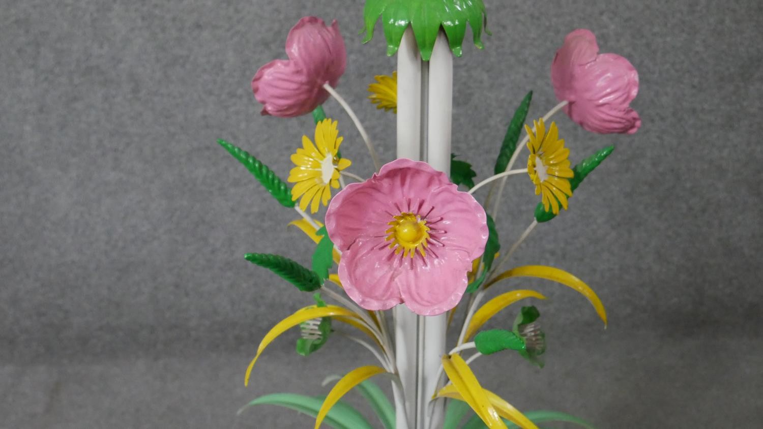 A Mid-century Italian toleware polychrome floral design standard lamp, the stem designed as wheat - Image 4 of 8