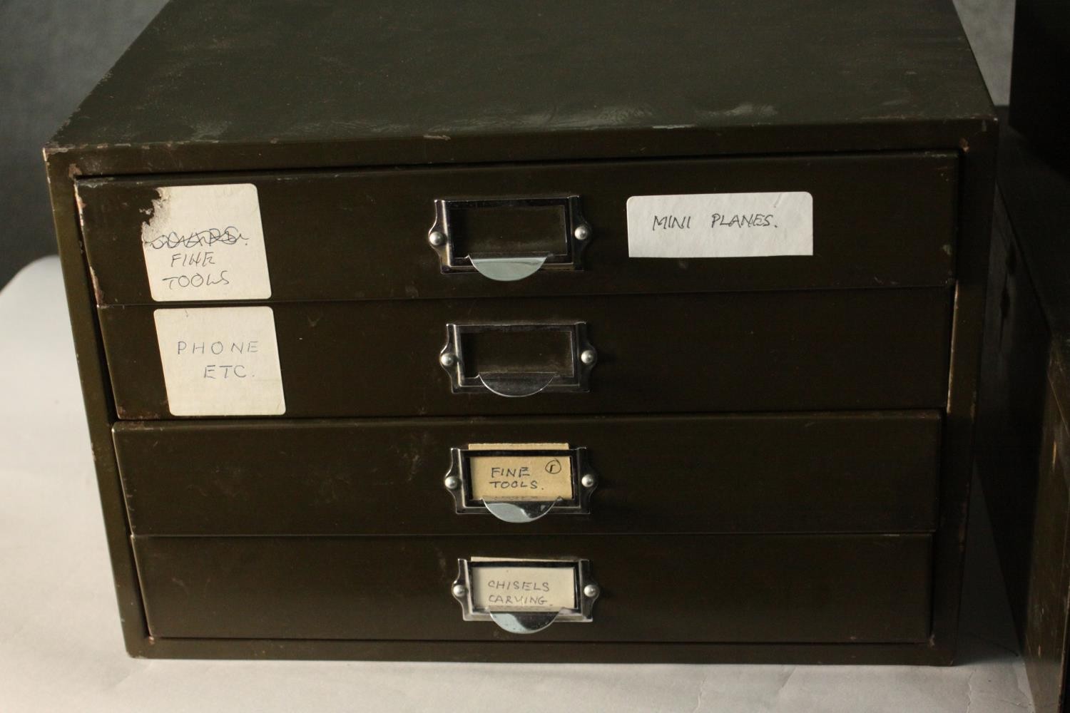 Three miscellaneous vintage metal desk top filing cabinets. H.30 W.29 D.39cm. - Image 4 of 4