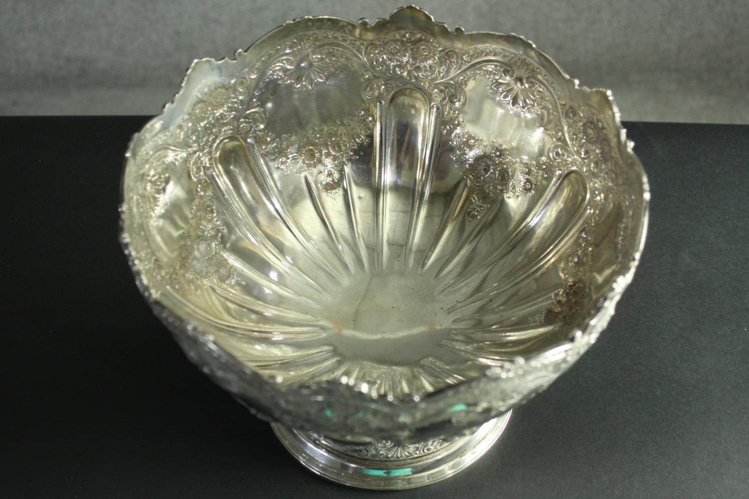 A large Victorian repousse silver pedestal punch bowl. Decorated all over with roses, floral - Image 2 of 8