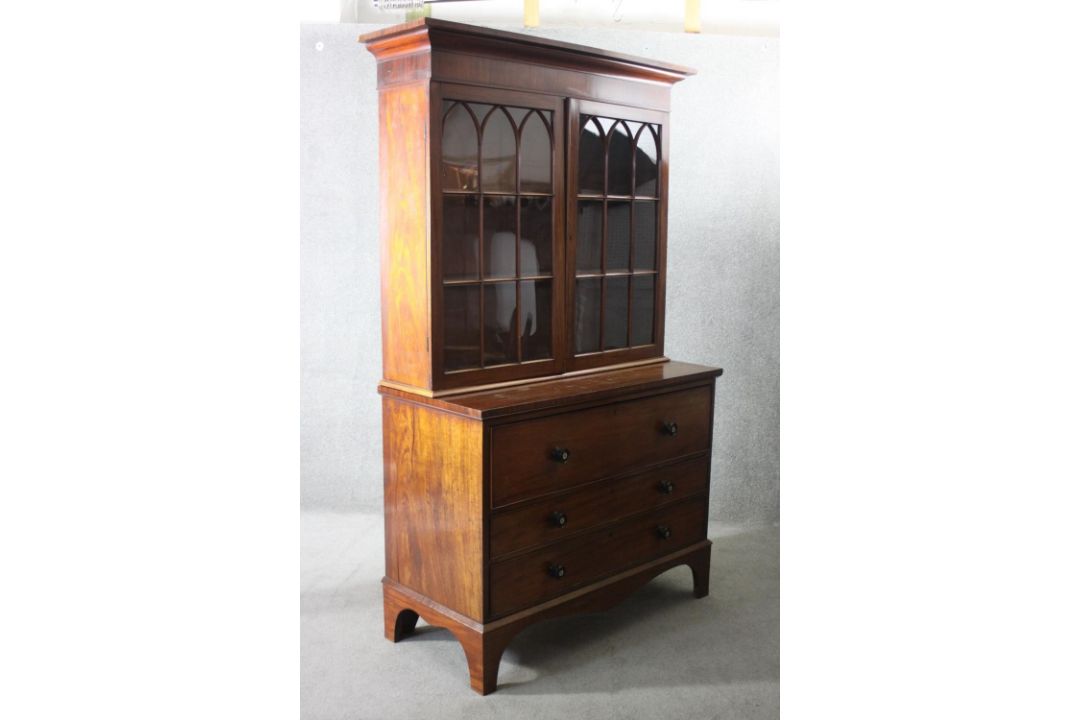 A late Georgian mahogany secretaire bookcase the upper astragal glazed section above fitted - Image 2 of 6