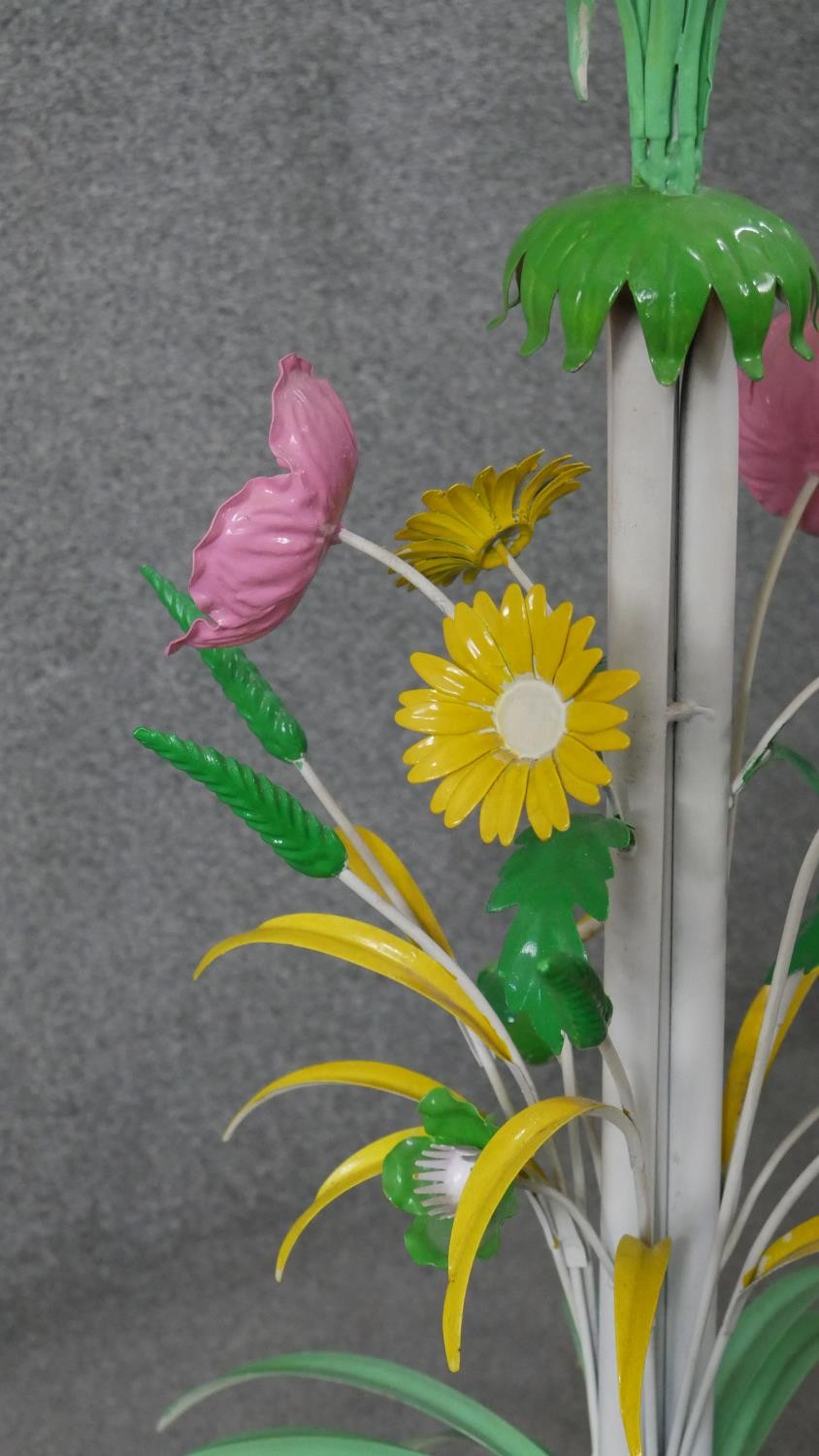 A Mid-century Italian toleware polychrome floral design standard lamp, the stem designed as wheat - Image 5 of 8