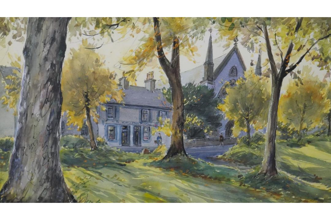 A framed and glazed watercolour of a house in a wood. Signed J.F. Turnbull. H.66 W.81cm - Image 1 of 5
