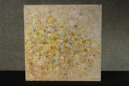Jane Harris (1956-) Two abstract oil and mixed media paintings on canvas of flowers. Signed and