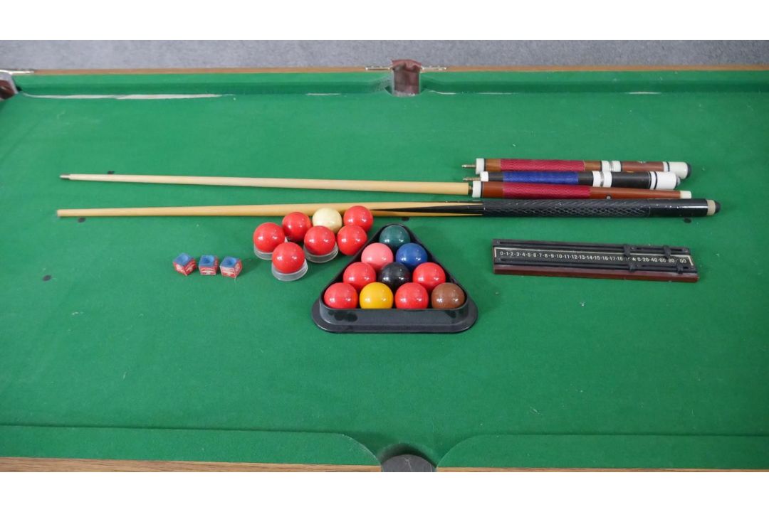 A Riley folding snooker table and accessories. H.83 W.190 D.87cm (Baize worn and legs in need of - Image 3 of 12
