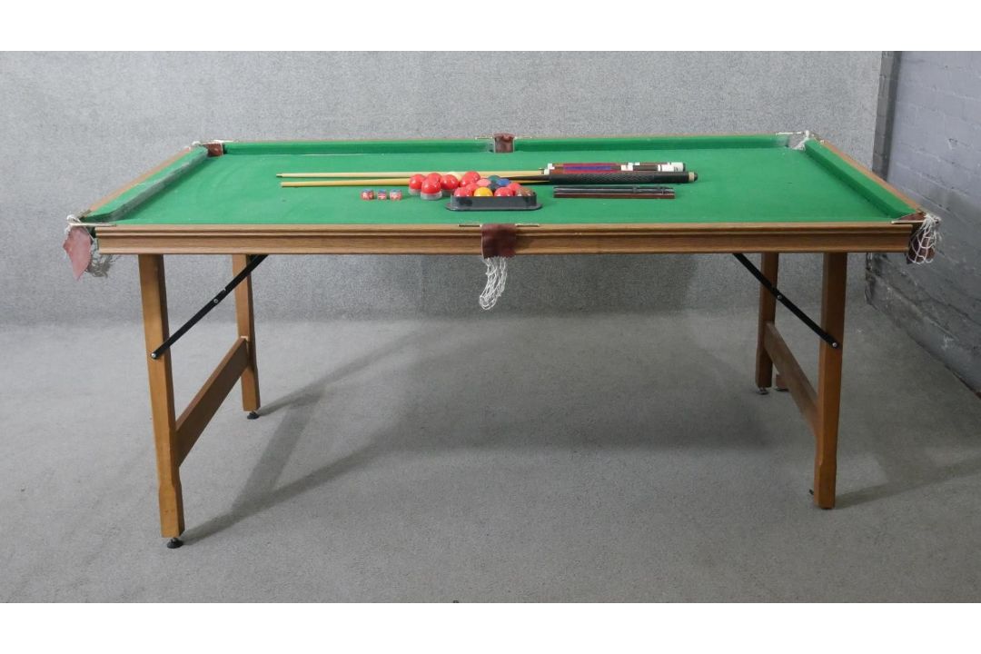 A Riley folding snooker table and accessories. H.83 W.190 D.87cm (Baize worn and legs in need of - Image 1 of 12