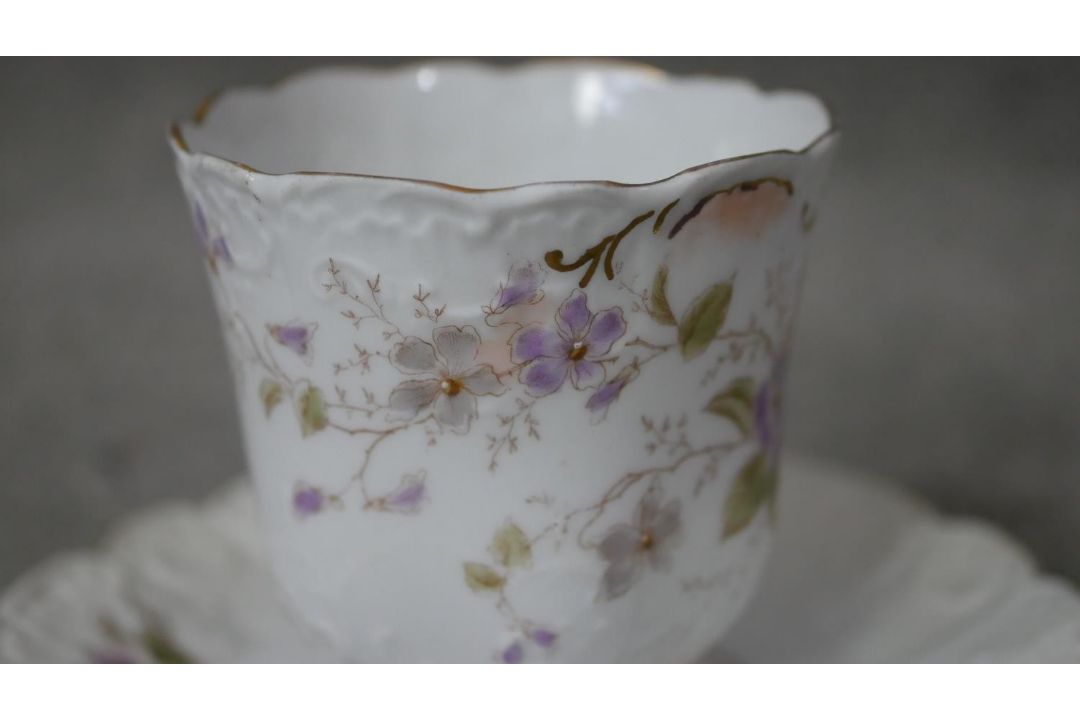 A Victorian hand painted fine china ten person part coffee set. Decorated with violets and gilded - Image 6 of 14