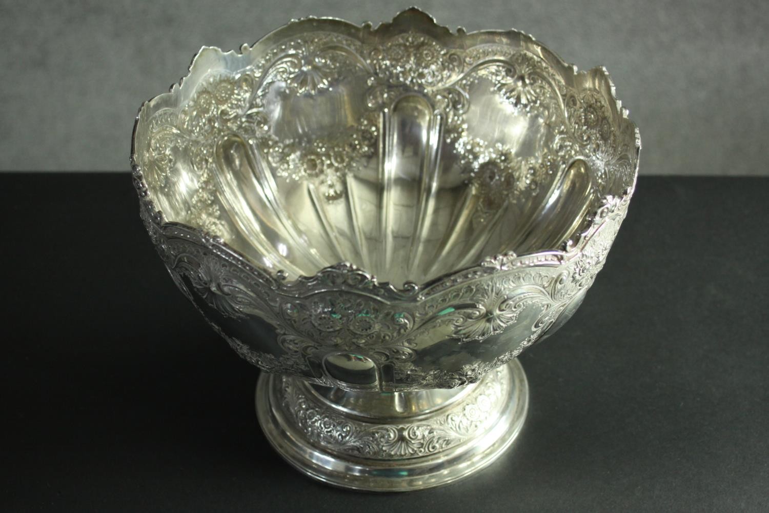 A large Victorian repousse silver pedestal punch bowl. Decorated all over with roses, floral - Image 3 of 8