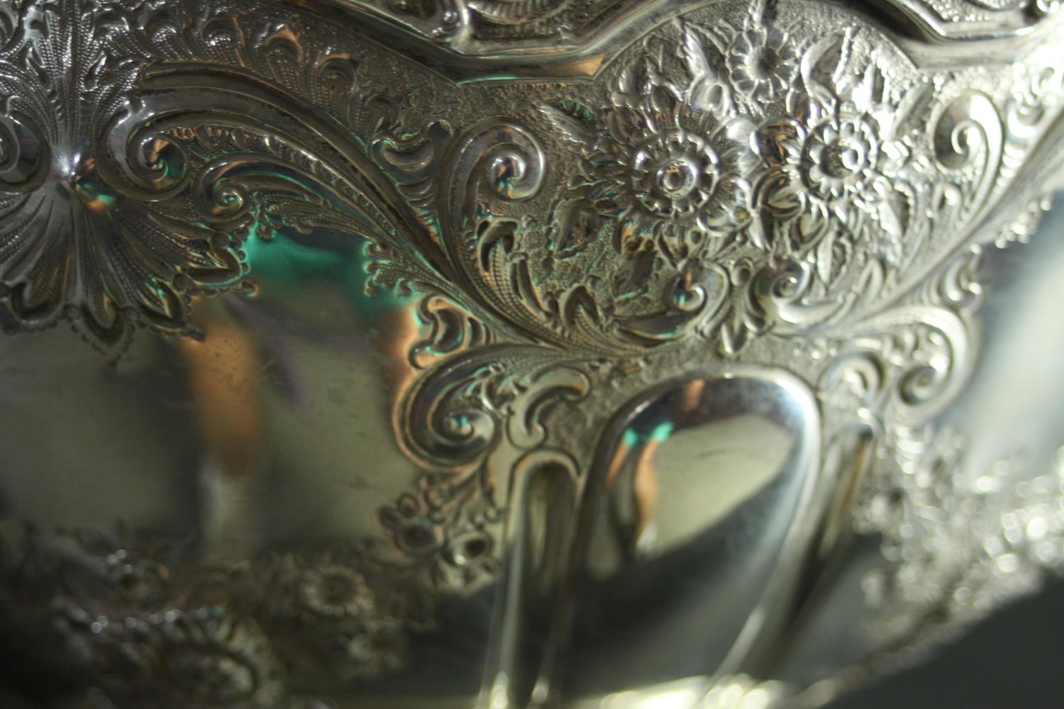 A large Victorian repousse silver pedestal punch bowl. Decorated all over with roses, floral - Image 6 of 8