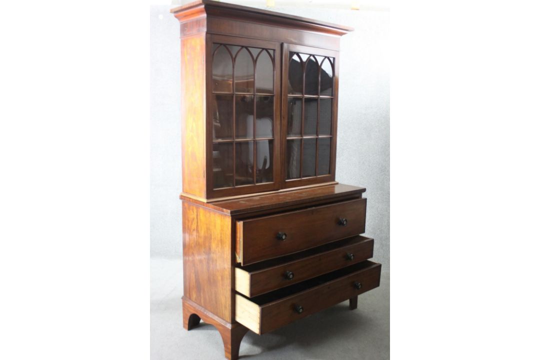 A late Georgian mahogany secretaire bookcase the upper astragal glazed section above fitted - Image 3 of 6