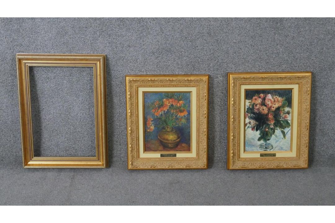 Two framed and glazed varnished prints of oil still life's. One by Renoir and one by Van Gogh and - Image 1 of 12