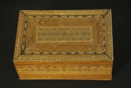 A collection of treen items. Including a Tunbridge ware box, a burr maple box, a leather and