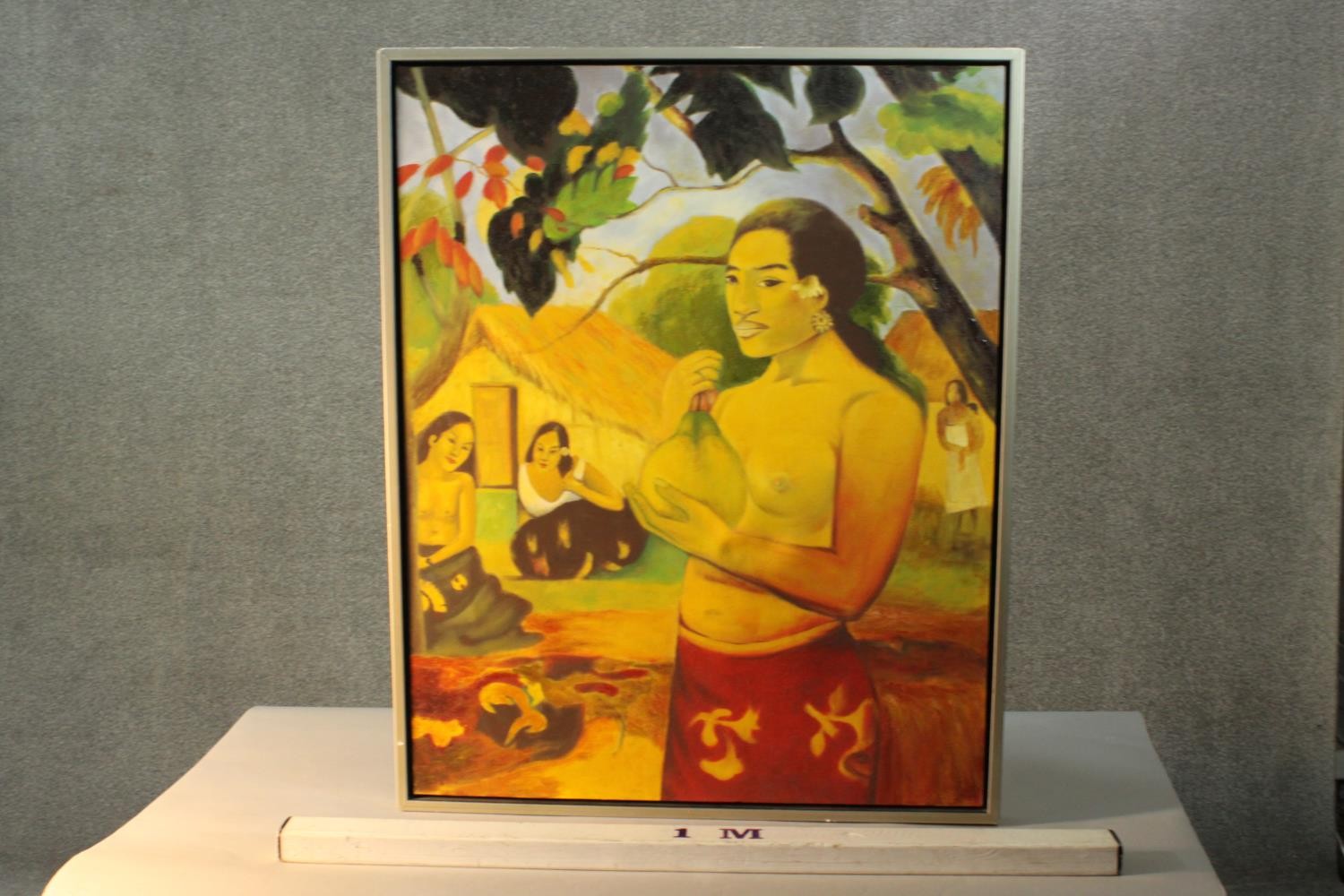 After Paul Gauguin- A framed oil on canvas of a woman holding fruit. Unsigned. H.98 W.78cm. - Image 2 of 4