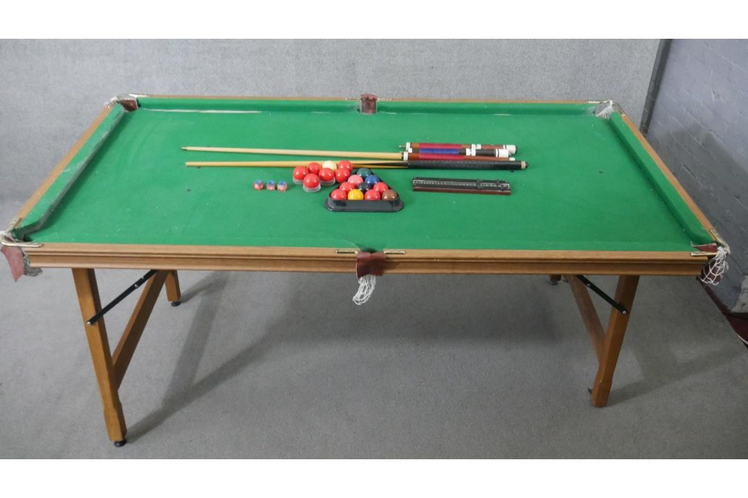 A Riley folding snooker table and accessories. H.83 W.190 D.87cm (Baize worn and legs in need of - Image 2 of 12