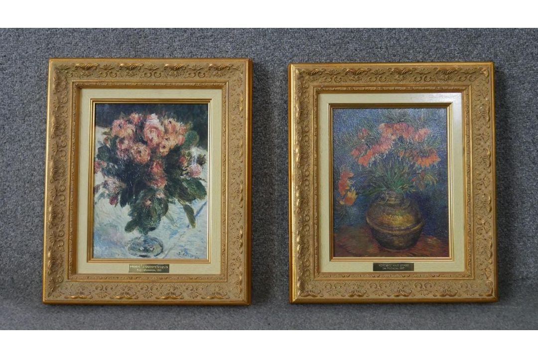 Two framed and glazed varnished prints of oil still life's. One by Renoir and one by Van Gogh and - Image 3 of 12