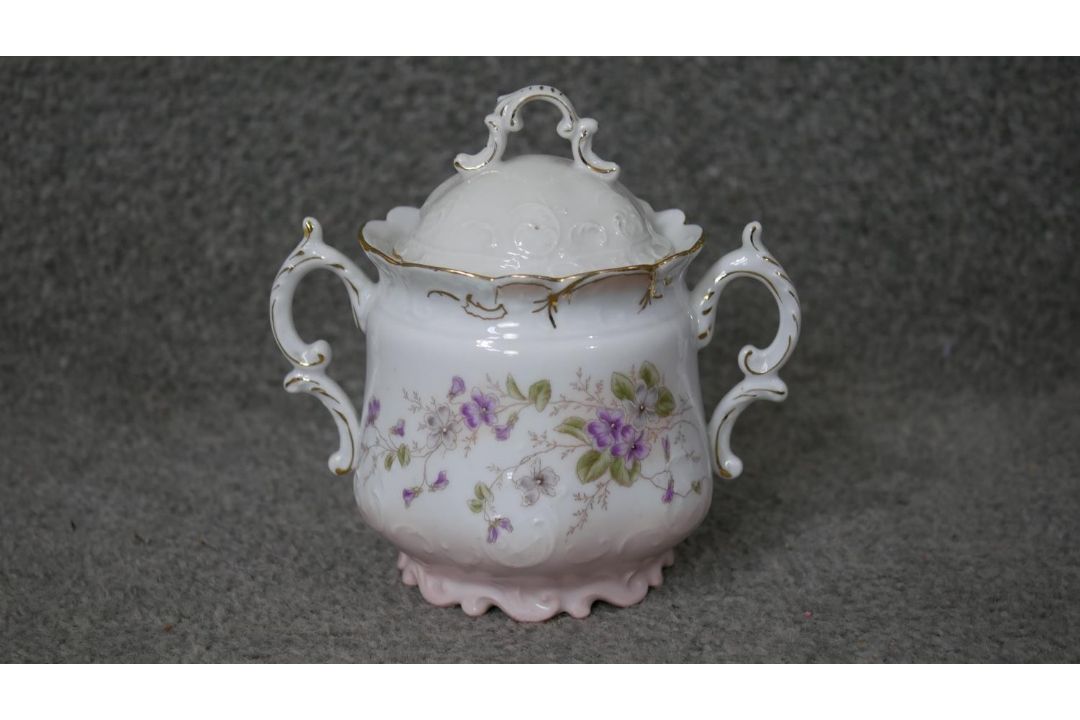 A Victorian hand painted fine china ten person part coffee set. Decorated with violets and gilded - Image 10 of 14
