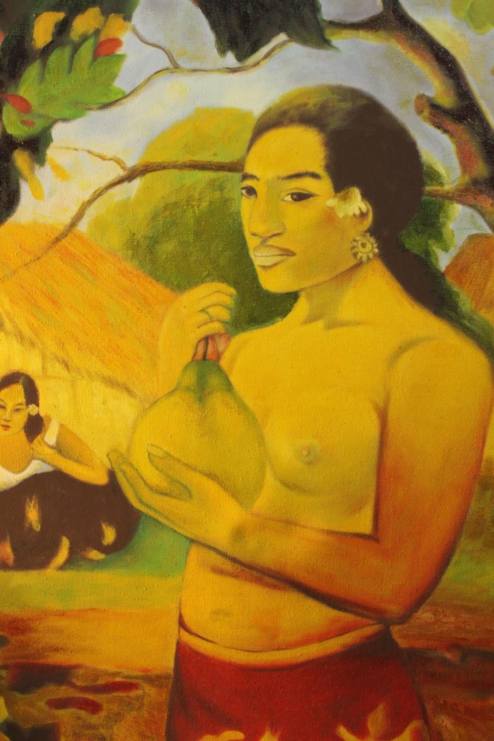 After Paul Gauguin- A framed oil on canvas of a woman holding fruit. Unsigned. H.98 W.78cm. - Image 3 of 4
