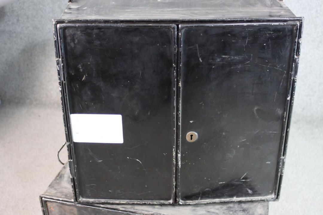 A 19th century metal cabinet with signwriting and a similar vintage example. H.49 W.50 D.38cm. - Image 5 of 6