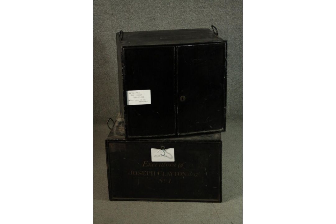 A 19th century metal cabinet with signwriting and a similar vintage example. H.49 W.50 D.38cm. - Image 1 of 6