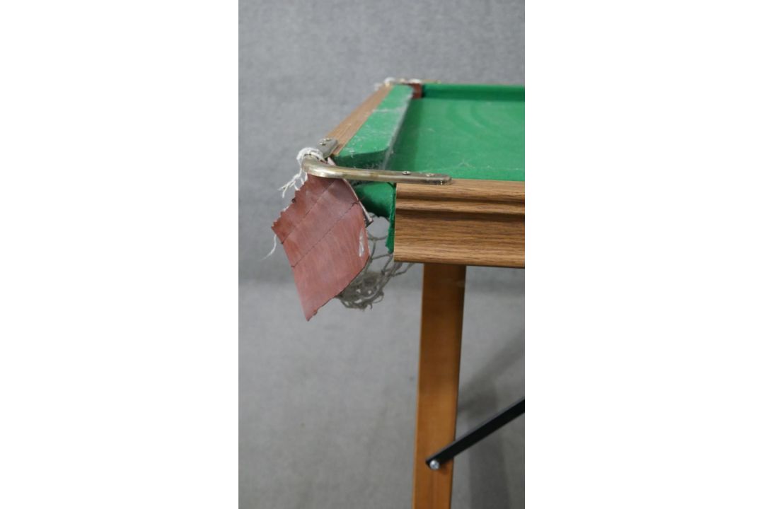 A Riley folding snooker table and accessories. H.83 W.190 D.87cm (Baize worn and legs in need of - Image 11 of 12
