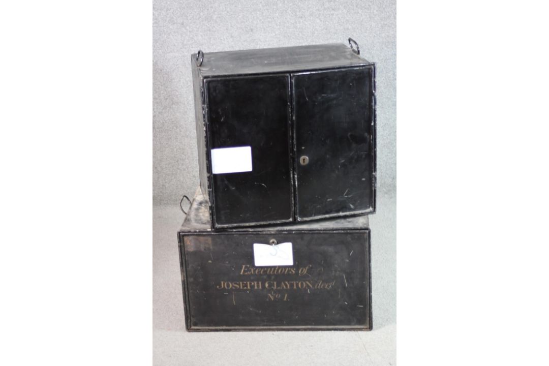 A 19th century metal cabinet with signwriting and a similar vintage example. H.49 W.50 D.38cm. - Image 2 of 6
