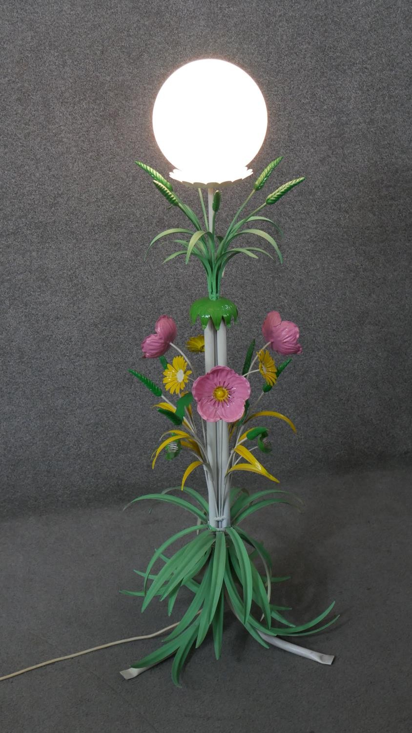 A Mid-century Italian toleware polychrome floral design standard lamp, the stem designed as wheat - Image 3 of 8