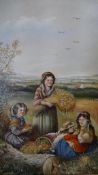 A carved gilt framed 19th century oil on canvas of three women, a child and a baby in a corn field