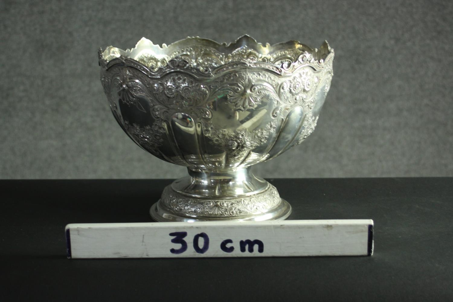 A large Victorian repousse silver pedestal punch bowl. Decorated all over with roses, floral - Image 8 of 8