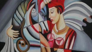 After Misha Borisoff- A surrealist oil on canvas of a figure with a unicorn. Signed Smith. H.51 W.
