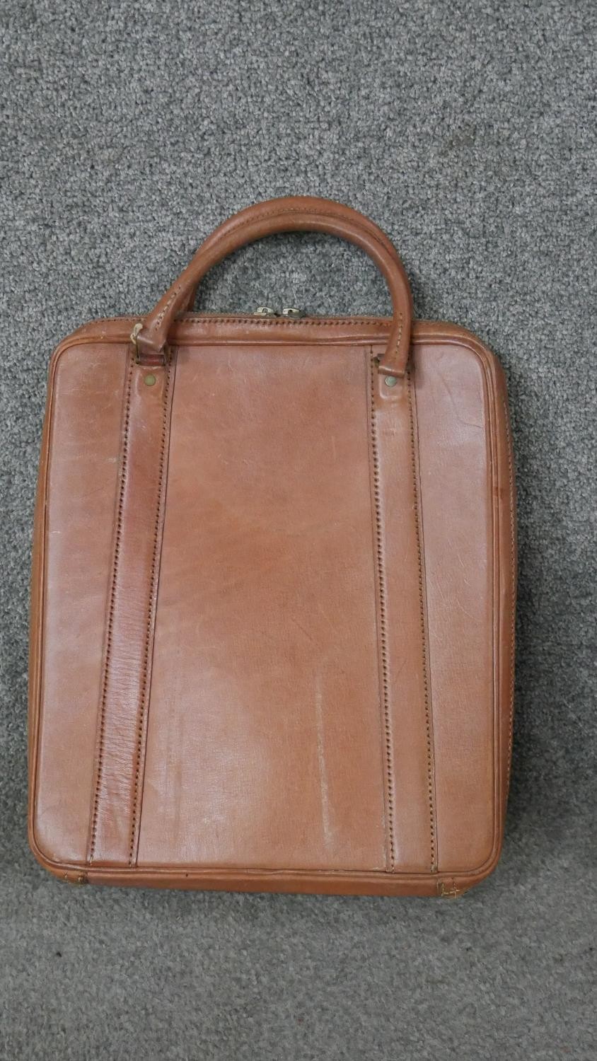 Three vintage tan leather bags. One tan leather doctors bag with brass fittings and two other pieces - Image 2 of 10