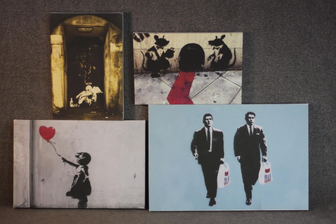 Four Banksy reproduction prints on canvas. H. 63 W.91cm. - Image 1 of 5