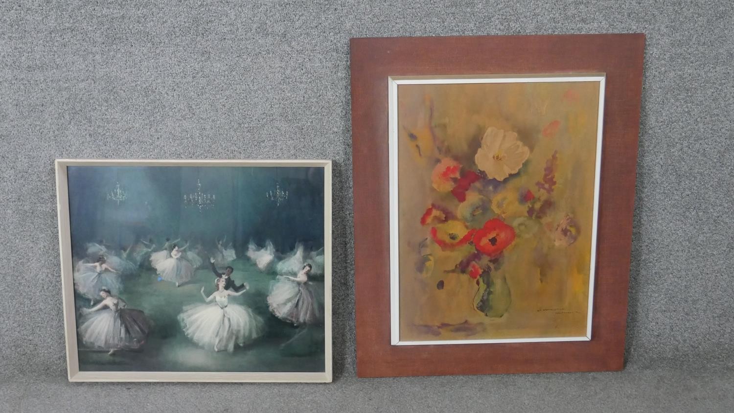 Two framed and glazed coloured prints. One Mid-century, depicting a vase of flowers, signed in plate