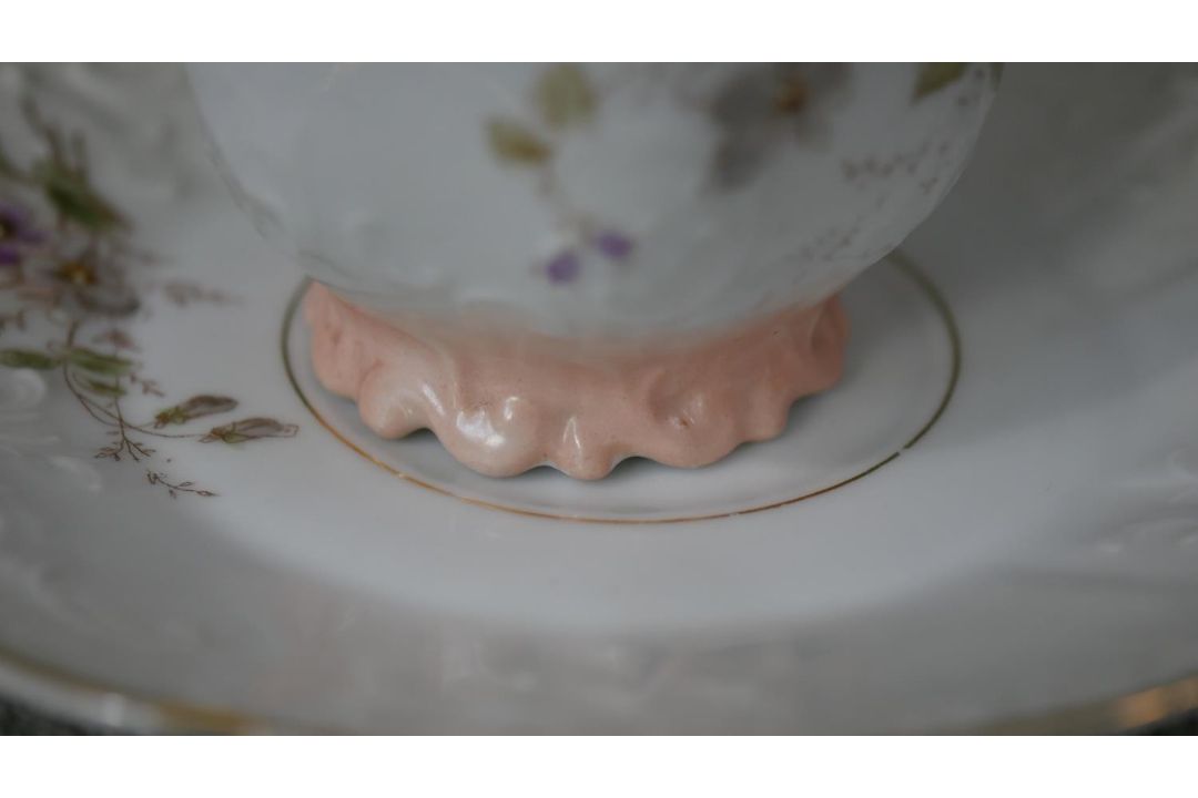 A Victorian hand painted fine china ten person part coffee set. Decorated with violets and gilded - Image 7 of 14