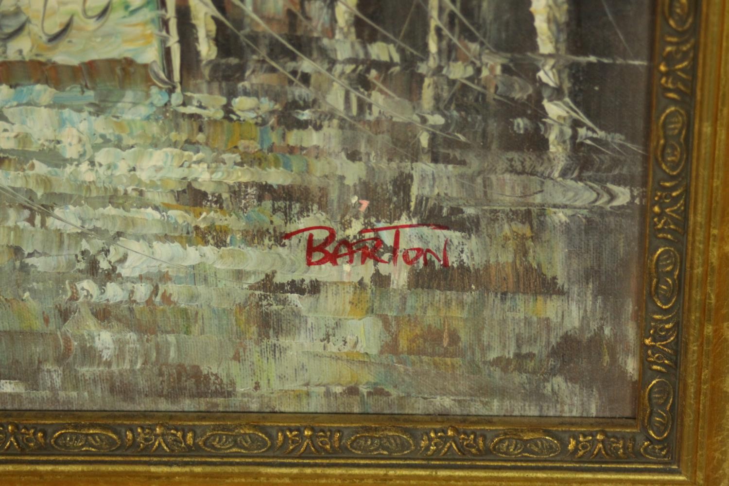 A circa 1960's oil on board depicting a harbour scene with sailing boats, signed Barton lower - Image 4 of 4