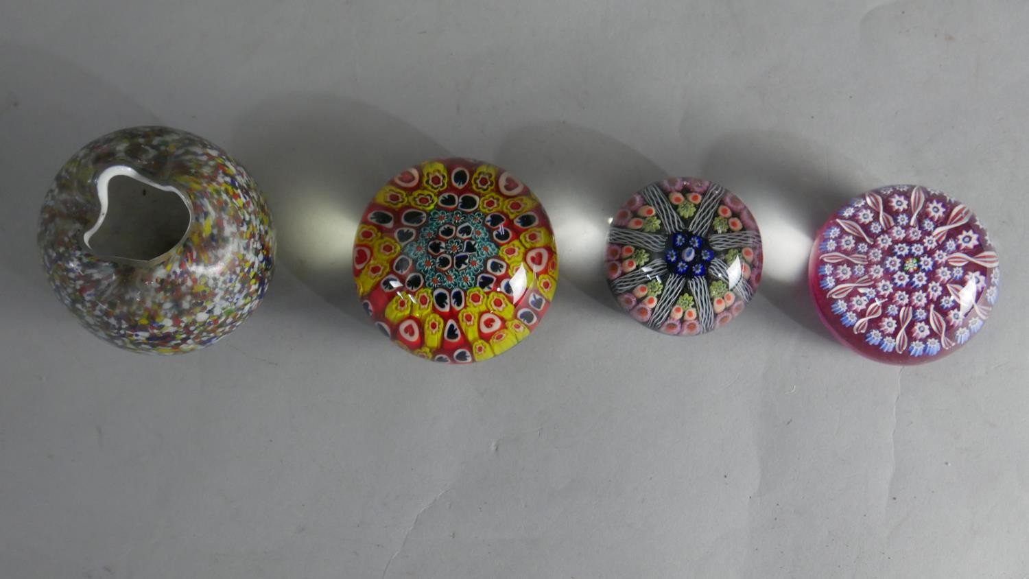 Three art glass lamp work paper weights and a pinched design Murano glass vase. - Image 2 of 4